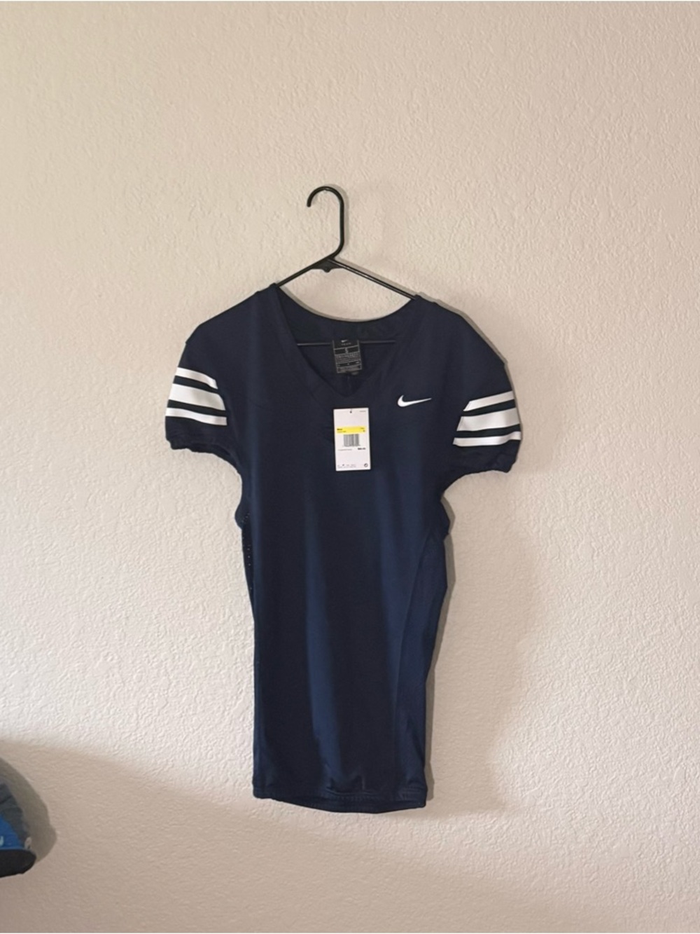 Brand New Nike Navy Football Jersey with White Sleeve Stripes - SZ S
